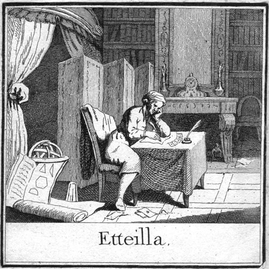 Jean-baptiste alliette (etteilla) at his work table, from the cours théorique et pratique du livre de thot (1790)"