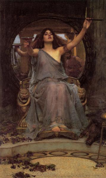 Circe, the enchanting sorceress, holding a magical staff and surrounded by mystical animals