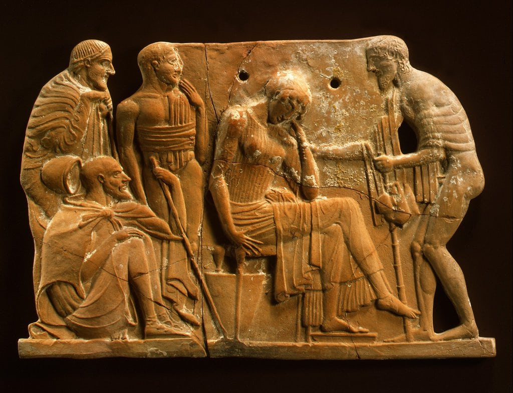 Image of an ancient terracotta scene showing odysseus and his mother and role of women in ancient greece