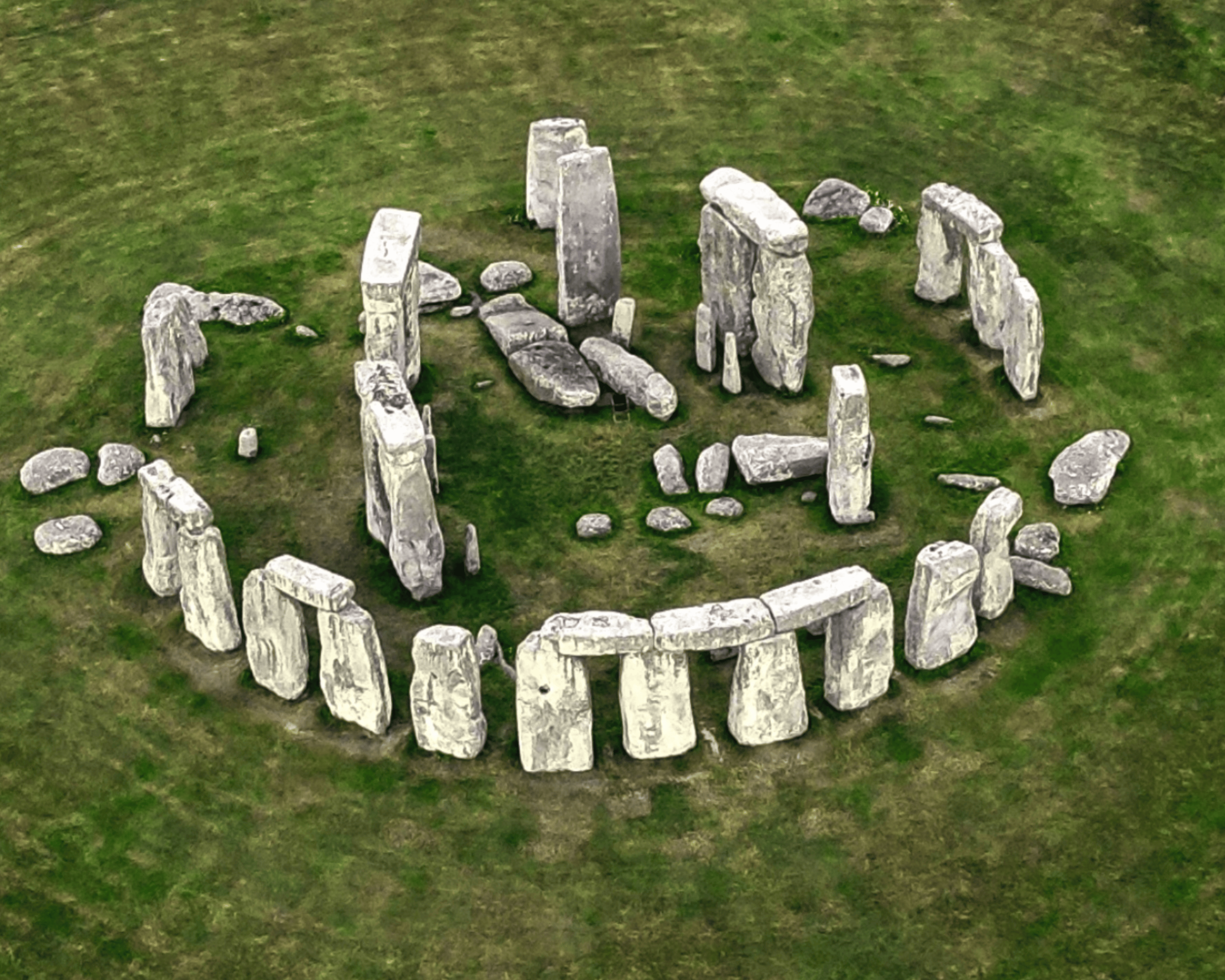 Image of drone footage looking down on stonehenge