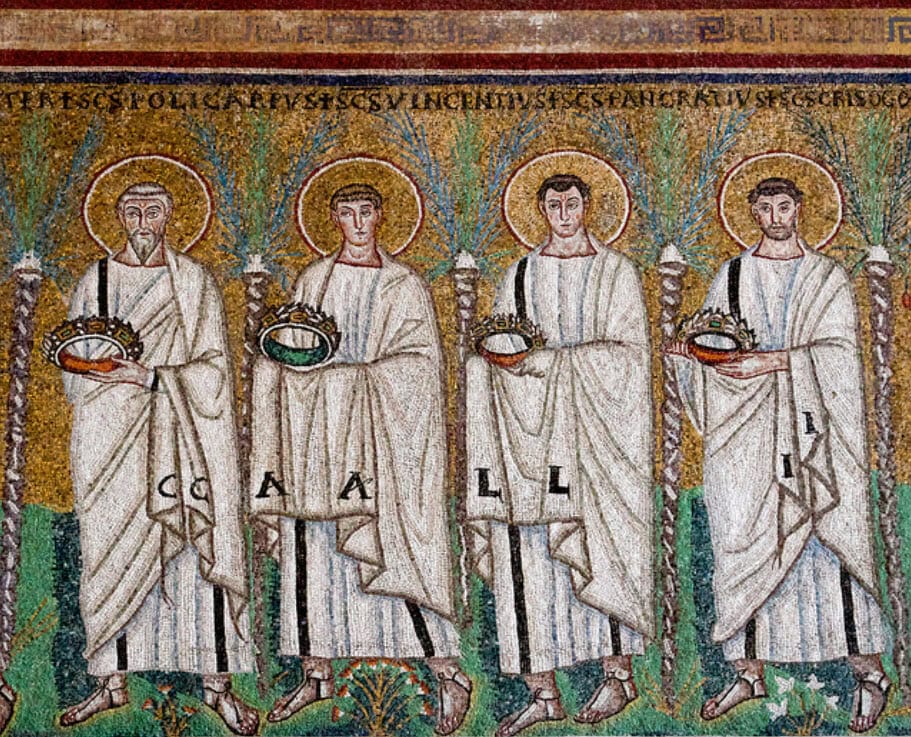 Fresco of saints polycarp, vincent of saragossa, pancras of rome and chrysogonus inside the basilica of san vitales